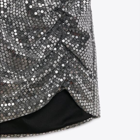 ZARA BLOGGER FAVORITE DRAPED SEQUIN DRESS SILVER - Picture 16 of 16